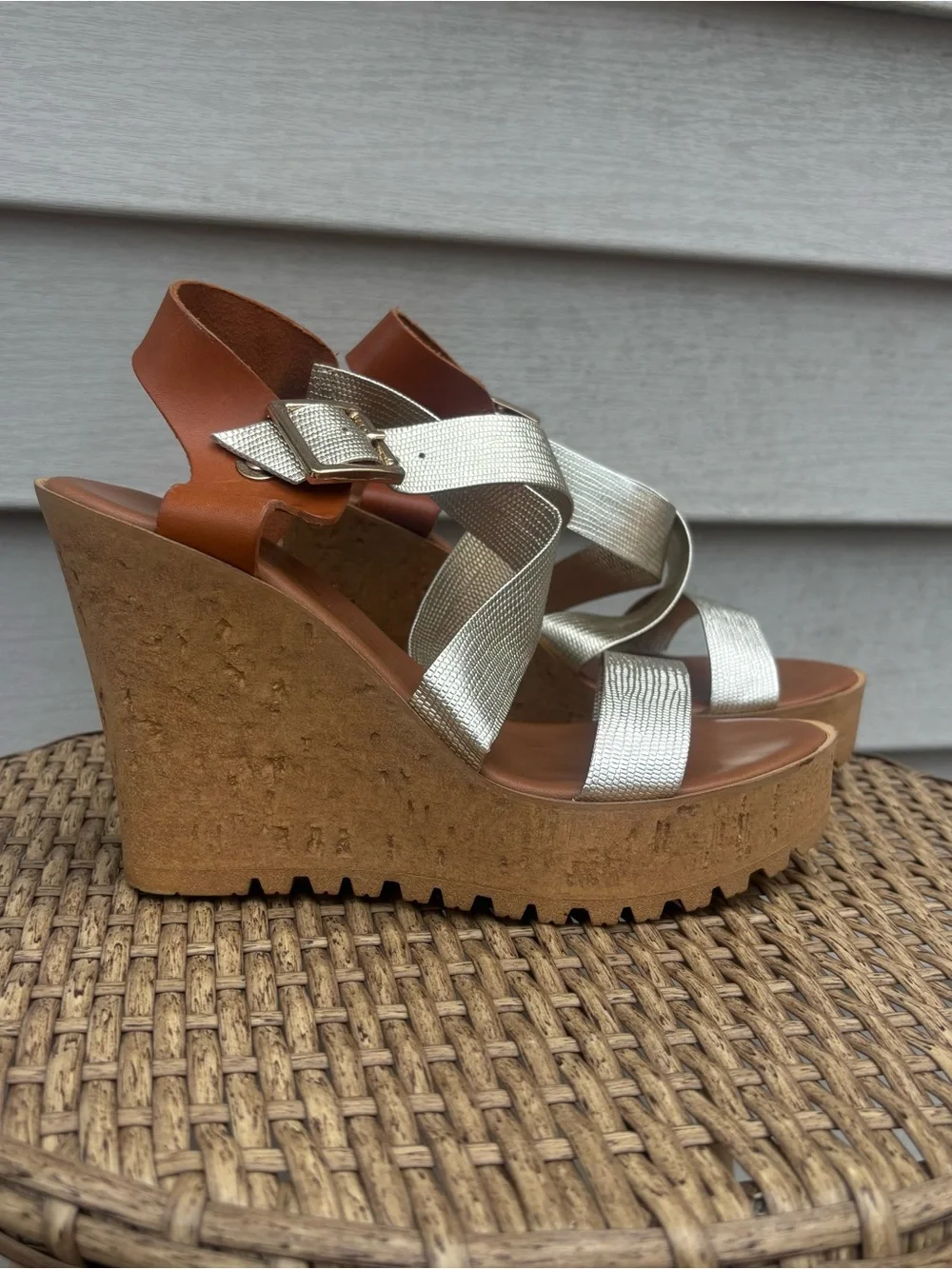 Italian Shoemakers Silver and Brown Cork Wedge Sandals